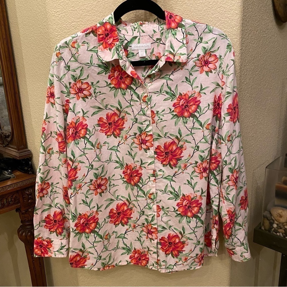 CHARTER CLUB Women Floral Linen Blend Button Long Sleeve Shirt Size Large